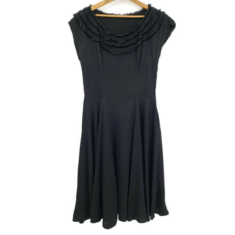 Vintage 50s Black Full Circle Skirt Dress L/XL? 32" Waist Lace Ruffles Pockets